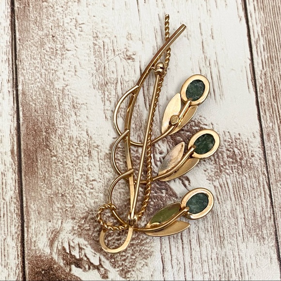 Vintage VD Signed 12K GF Gold Vermeil Flower Bell Drop Jade Green Stone Brooch - Picture 4 of 10